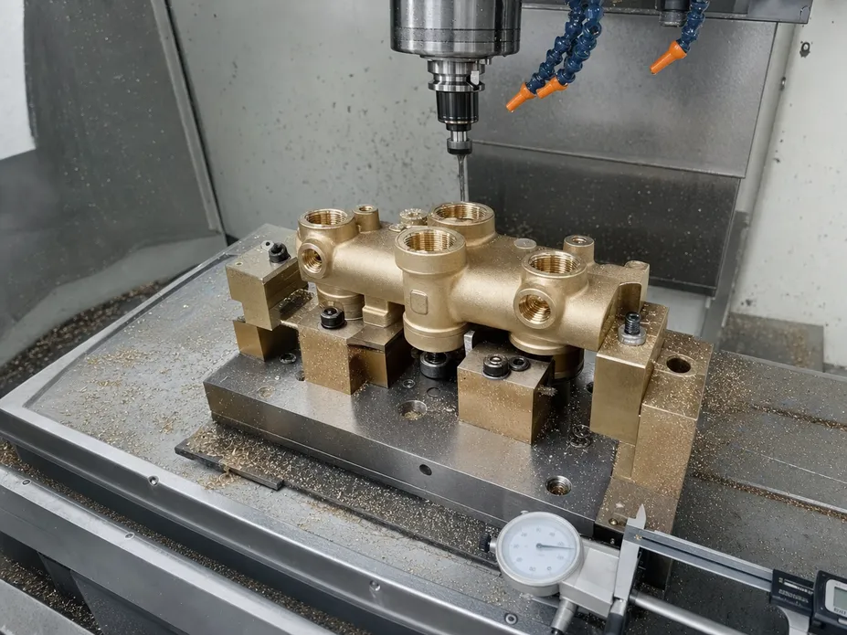 CNC machining of C36000 brass faucet body showing valve seat thread tolerances