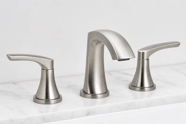 Brushed nickel finish widespread bathroom faucet — mechanical brushing over chrome layer
