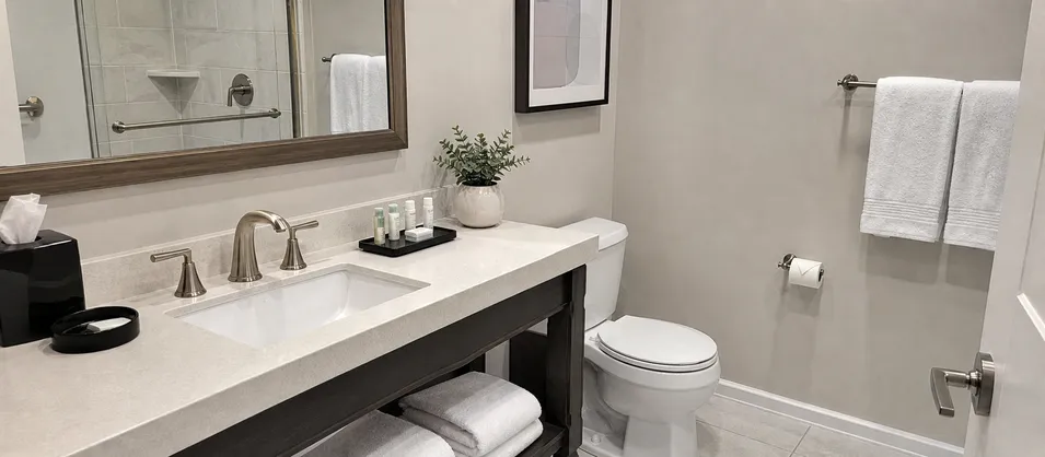 Hotel guest bathroom fit-out with matching widespread faucets and coordinated fixtures