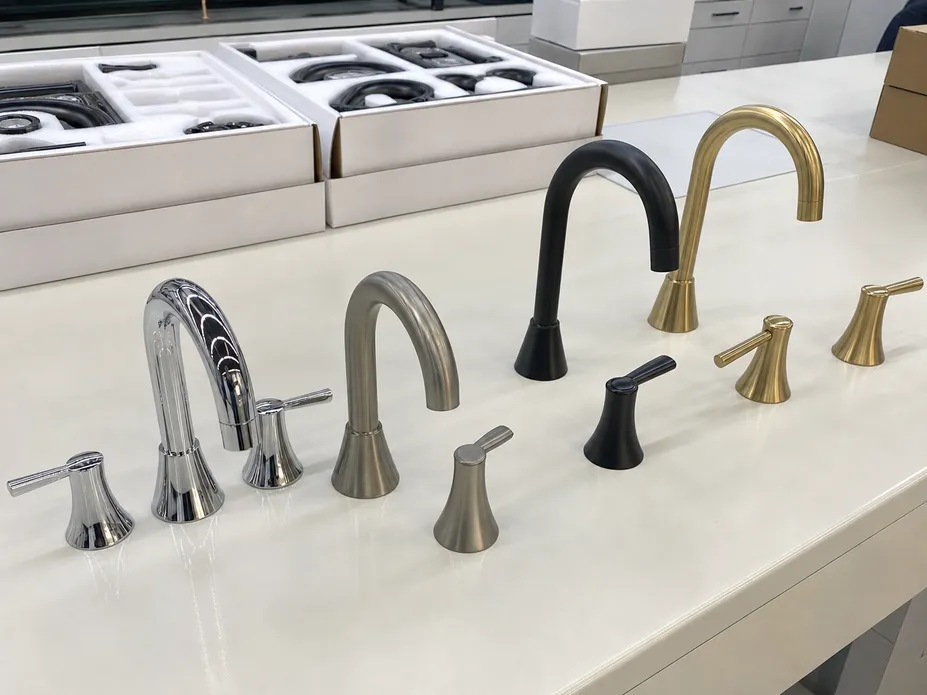 Widespread bathroom faucet sample units for buyer evaluation