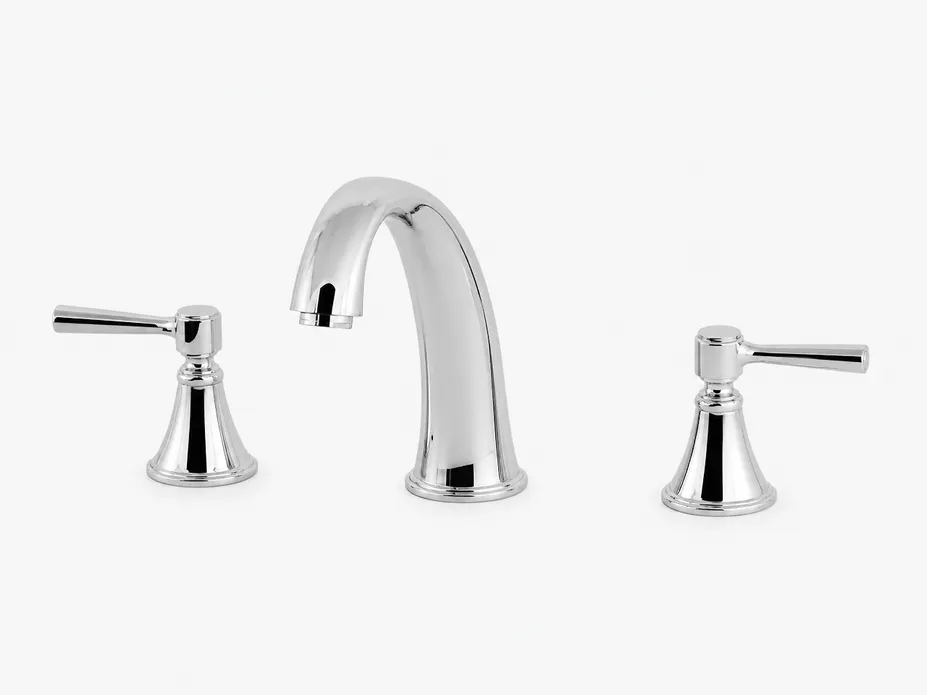 Three-piece widespread faucet configuration showing independent spout and handle valve mounting on 8-inch centers