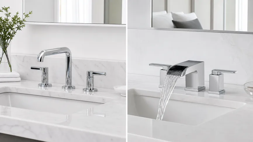 Widespread and waterfall bathroom faucet configurations for hospitality catalog comparison