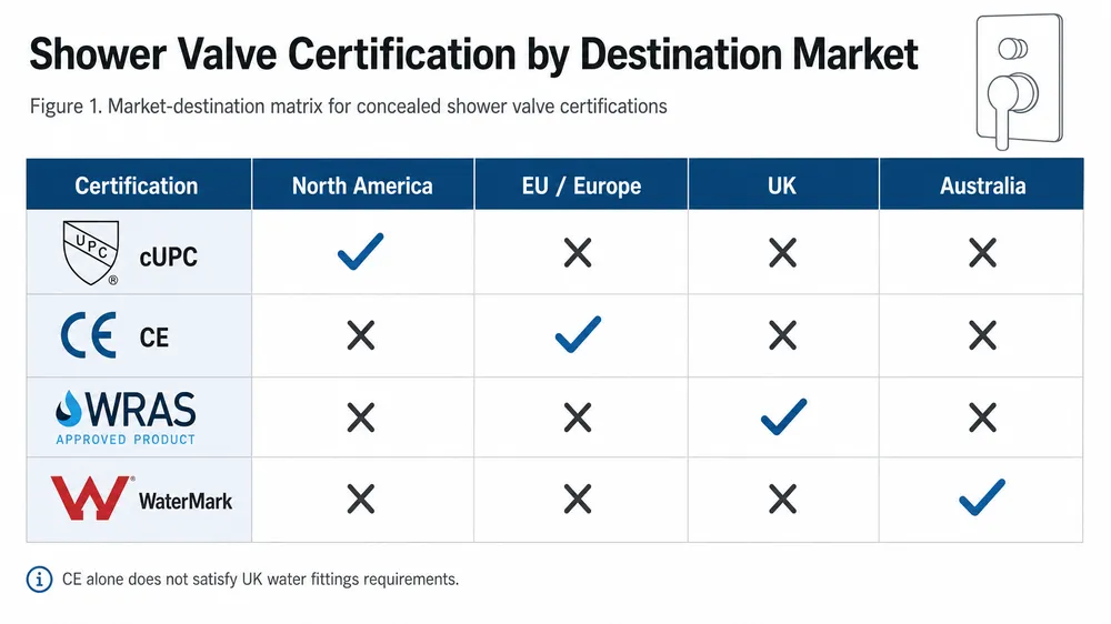 Shower Valve Certification by Destination Market Table showing which shower valve certifications apply to North America, EU, UK, and Australia markets
