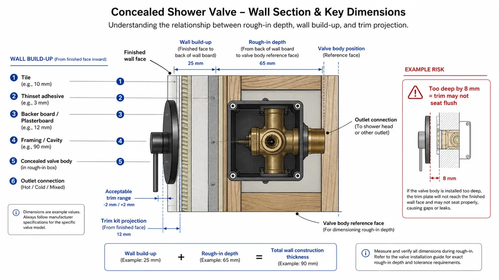 Concealed Shower Rough-In Specification Overview Diagram showing concealed shower valve body rough-in depth and trim kit relationship in a tiled wall section