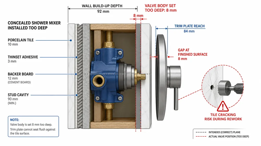 Rough-In Depth Conflict — Valve Body Too Deep Diagram showing concealed shower valve body positioned too deep in wall cavity causing trim plate gap and tile cracking risk
