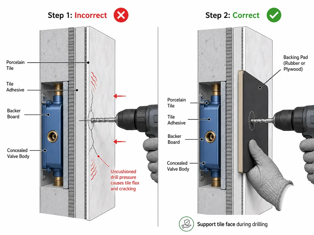 Tile Support During Trim Kit Drilling Step-by-step diagram showing correct tile support technique during concealed shower mixer trim kit aperture drilling to prevent cracking