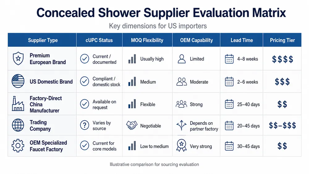 Concealed Shower Supplier Evaluation Matrix Supplier evaluation matrix comparing concealed shower system suppliers on cUPC status, MOQ, OEM capability, and pricing tier