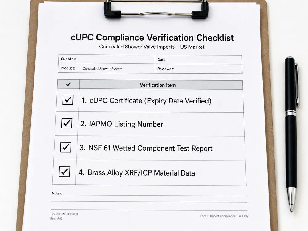 cUPC Documentation Checklist for Concealed Shower Imports cUPC compliance documentation checklist for concealed shower valve imports showing required certificates and test reports