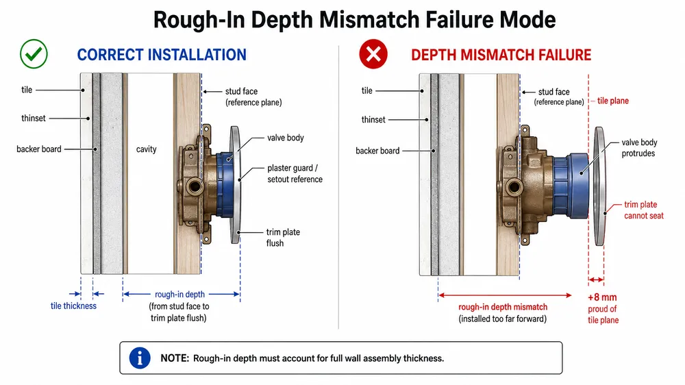 Rough-In Depth Mismatch Failure Mode Diagram showing concealed shower valve body sitting proud of tile plane due to rough-in depth mismatch