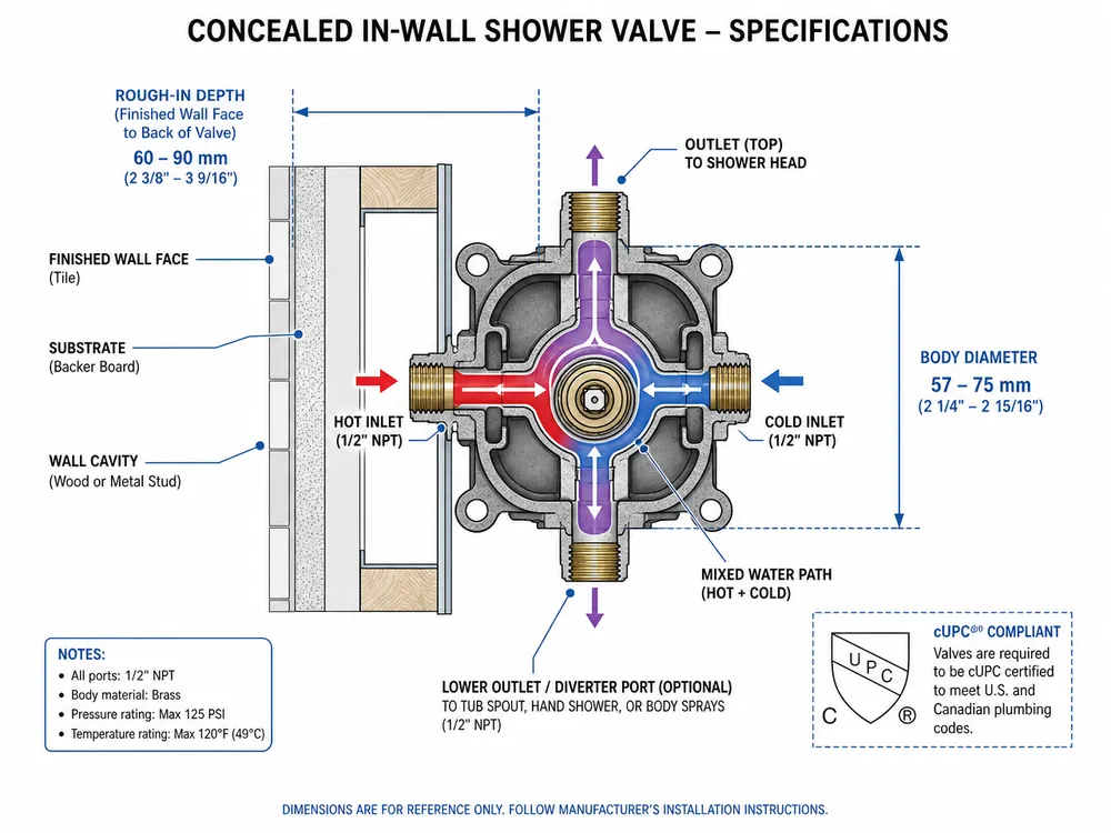 Concealed Shower Valve Body Dimensions Diagram Technical cross-section diagram of a concealed shower valve showing body diameter, rough-in depth, and port locations
