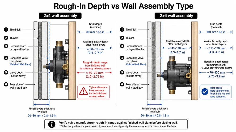 Rough-In Depth vs Wall Assembly Type Side-by-side comparison diagram of concealed shower valve rough-in depth in 2x4 versus 2x6 wall framing