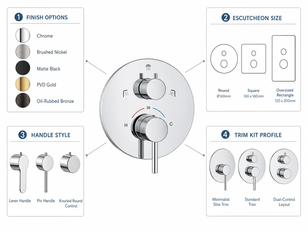 Diagram showing OEM customization options for hotel concealed thermostatic shower mixers including finish, escutcheon, handle style, and trim kit configuration