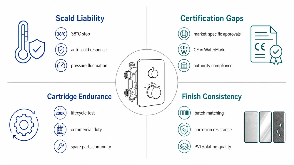 Diagram showing the four main sourcing risk areas for hotel concealed thermostatic shower mixers: scald liability, certification gaps, cartridge endurance, and finish consistency