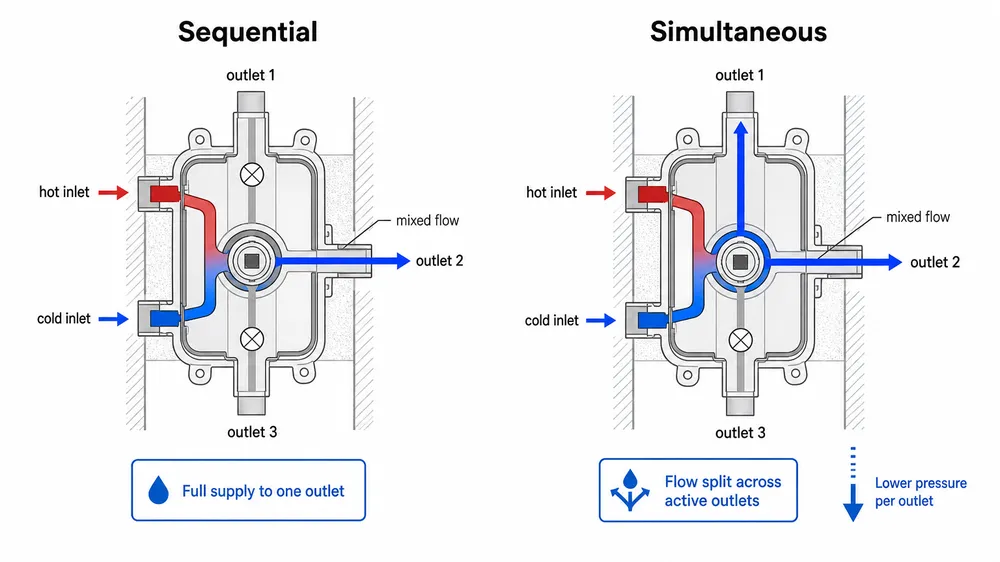 Sequential vs. Simultaneous Outlet Sequencing Diagram comparing sequential and simultaneous outlet flow paths in a 3-way concealed shower mixer
