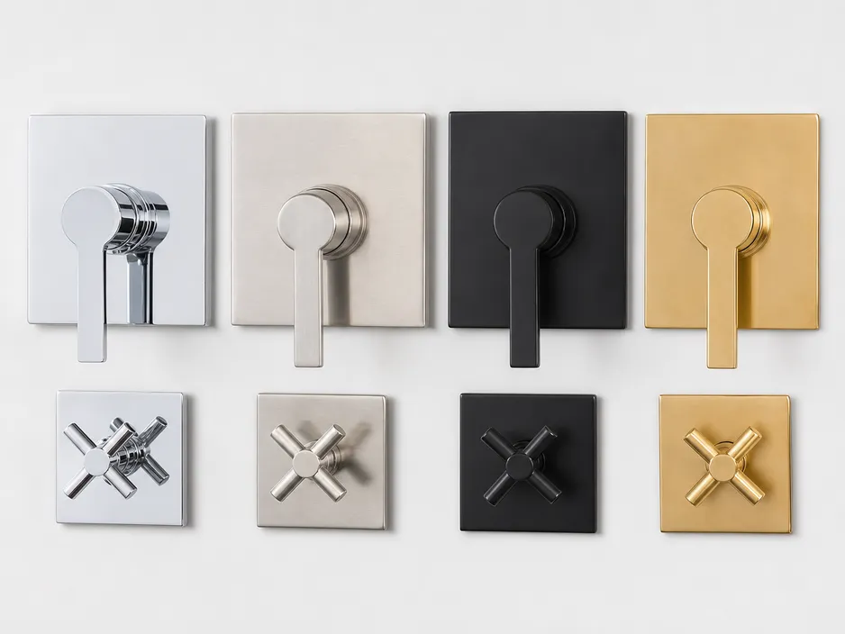 Concealed shower mixer trim plates and handles in four available finishes: chrome, brushed nickel, matte black, and PVD gold