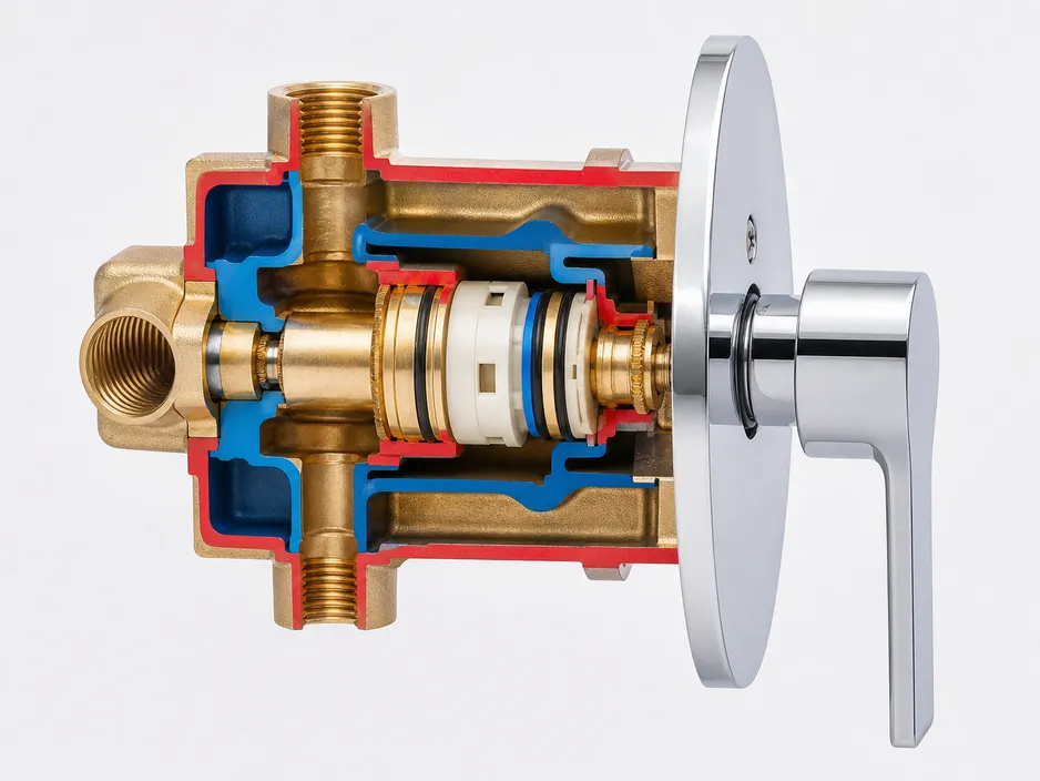 Concealed shower mixer technical cross-section showing brass body, ceramic disc cartridge, and BSP inlet connections