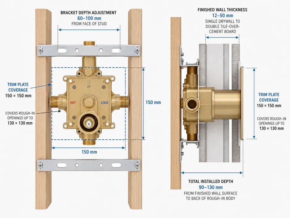 Concealed shower mixer rough-in body installation dimensions and bracket depth adjustment diagram