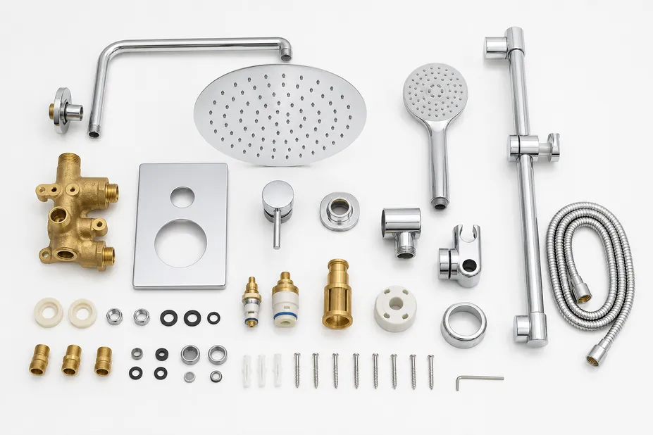 Exploded view of concealed shower set components — valve body, trim plate, rain head, hand shower, slide bar, and hose
