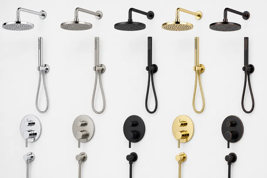 Concealed shower set finish options — chrome, brushed nickel, matte black, PVD gold, andoil-rubbed bronze