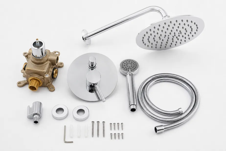 Complete concealed shower set — valve body, trim plate, rain head, and hand shower assembled as a matched kit