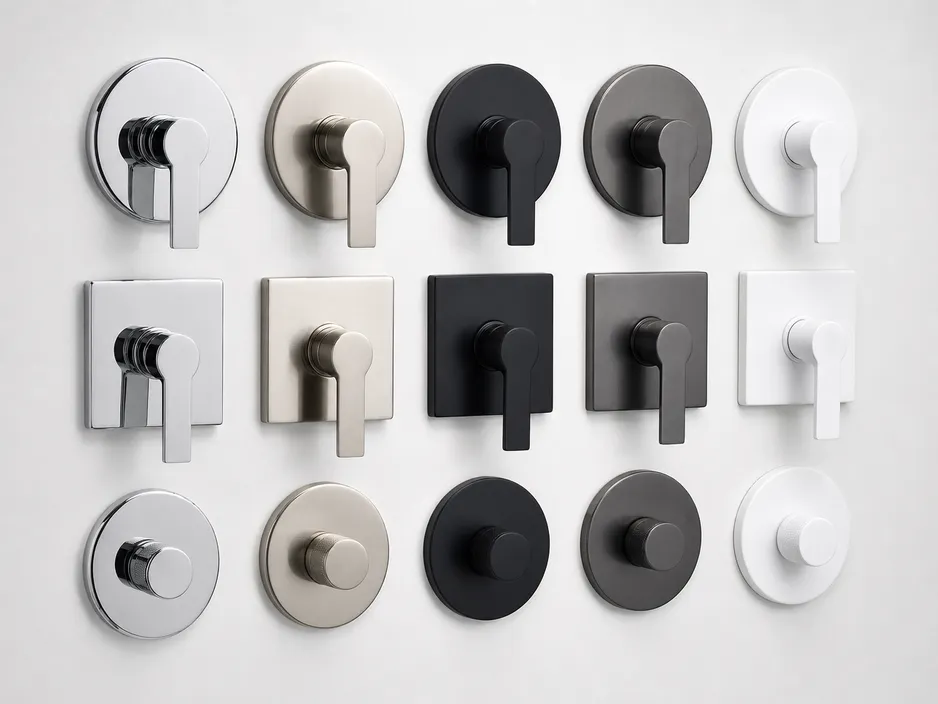 Concealed shower set trim plate and handle customization options
