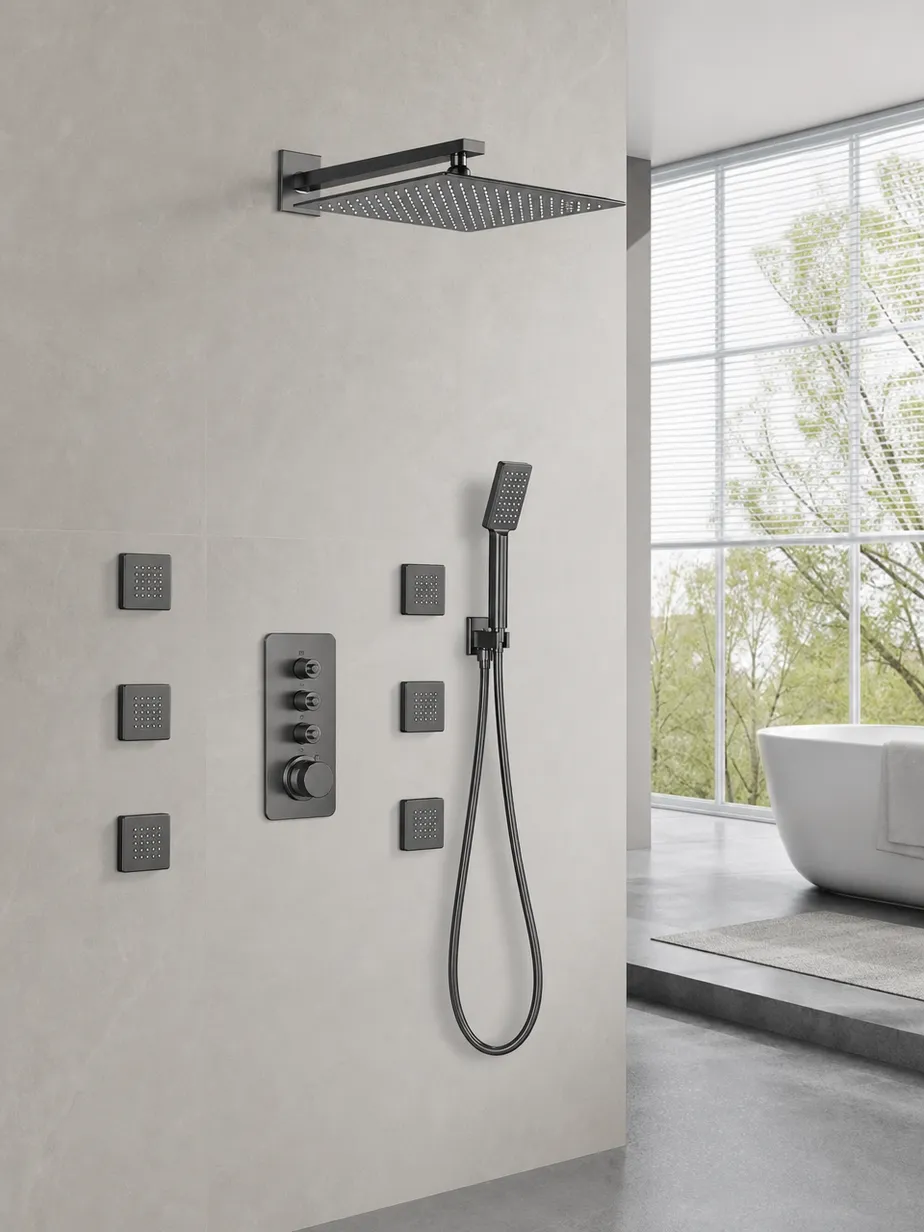 Wfaucet concealed shower system — thermostatic mixer, rain head, hand shower, and body jets, finish-matched