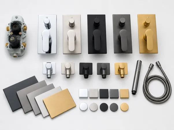 OEM customization options for concealed shower system — finish samples and trim plate variants