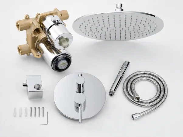 Concealed shower system components — thermostatic valve body, trim plate, and rain head detail
