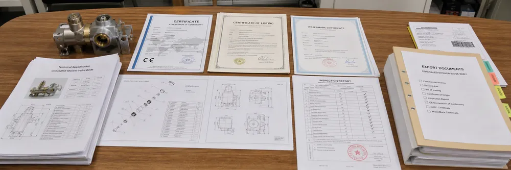 Certification documentation and compliance paperwork for concealed shower valve bodies — CE, cUPC, and WaterMark