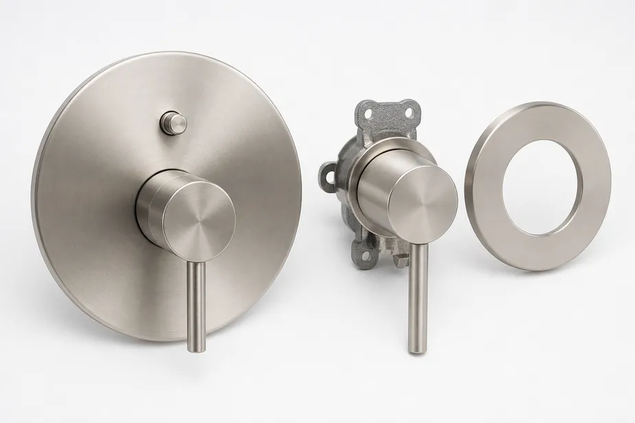 Concealed shower trim kit showing trim plate, handle assembly, and escutcheon ring in brushed nickel finish