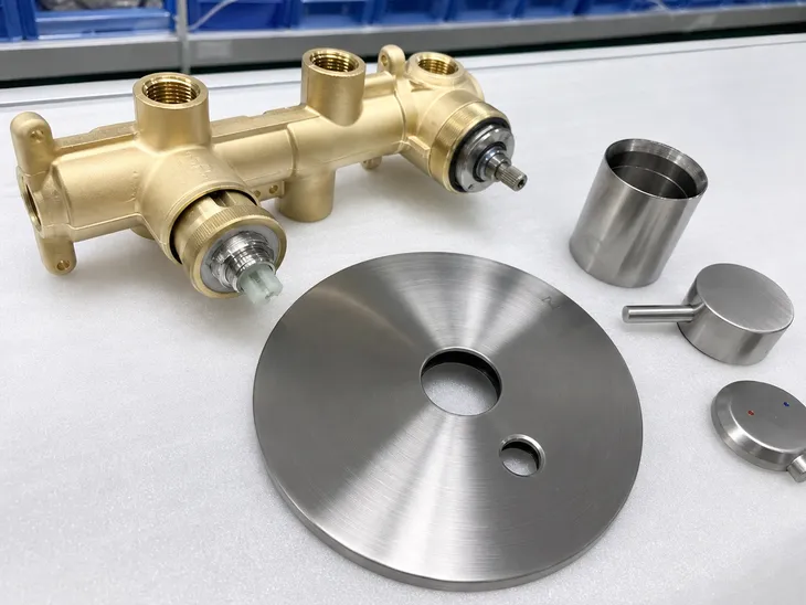 Close-up of concealed shower trim kit brass body construction showing machined detail and finish quality