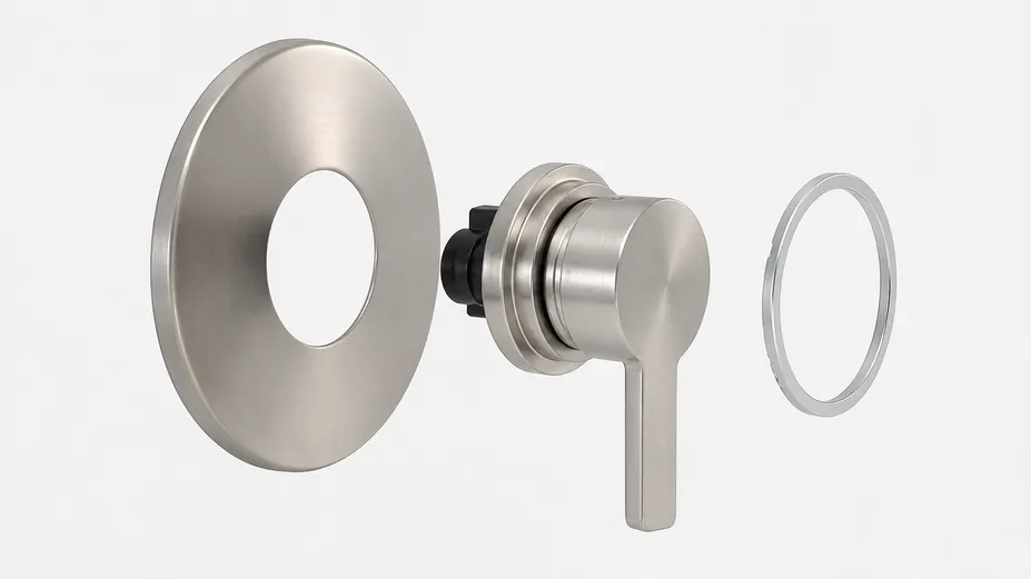 Exploded view of concealed shower trim kit components: trim plate, handle assembly, and escutcheon ring