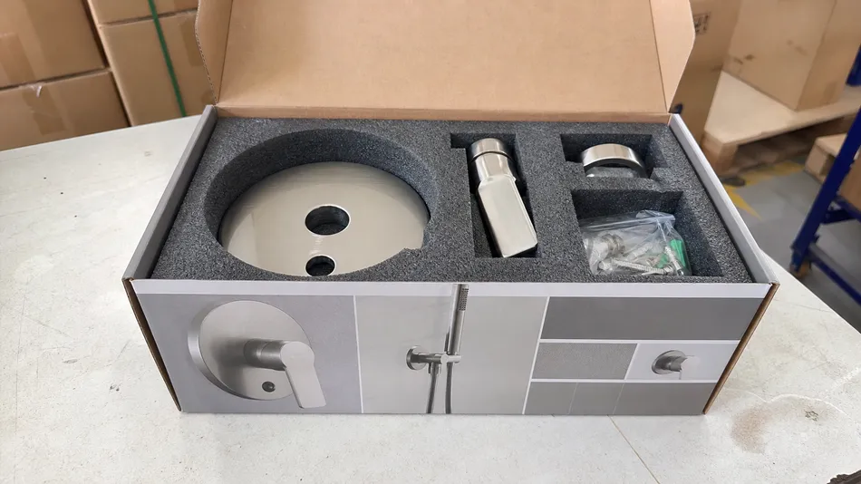 Concealed shower trim kit retail-ready carton with foam lining and product photography