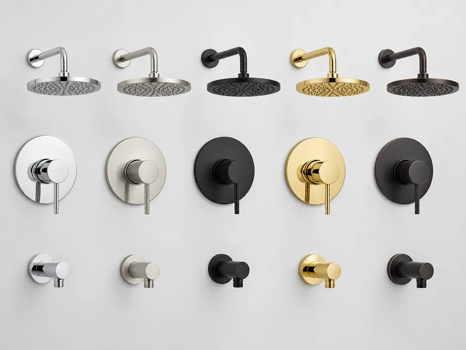 Concealed shower trim kit finish options: chrome, brushed nickel, matte black, PVD gold, oil-rubbed bronze
