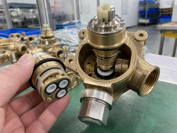 Concealed shower valve ceramic disc cartridge detail — pressure-balanced, 500,000-cycle endurance rated