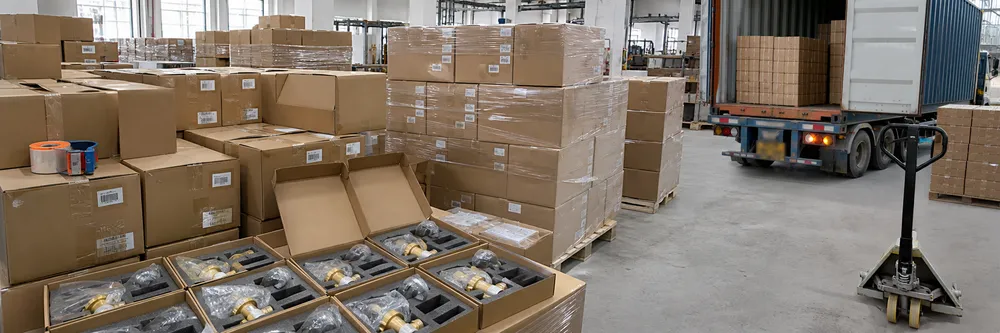 Concealed shower valve bodies packed in foam-lined cartons ready for container loading and export