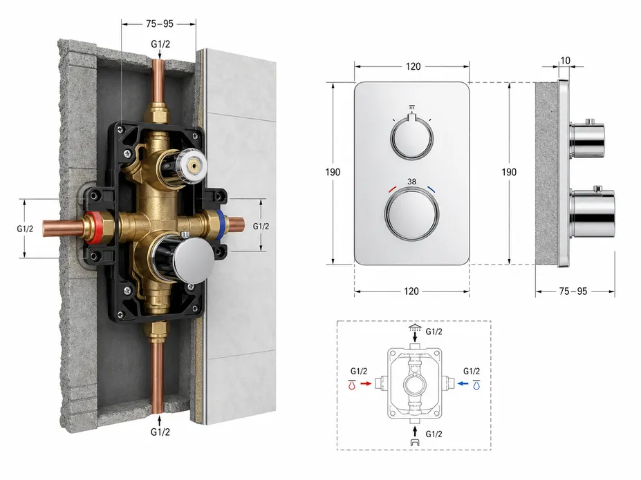 Concealed thermostatic shower mixer rough-in diagram showing valve body depth, inlet positions, and trim plate clearance dimensions