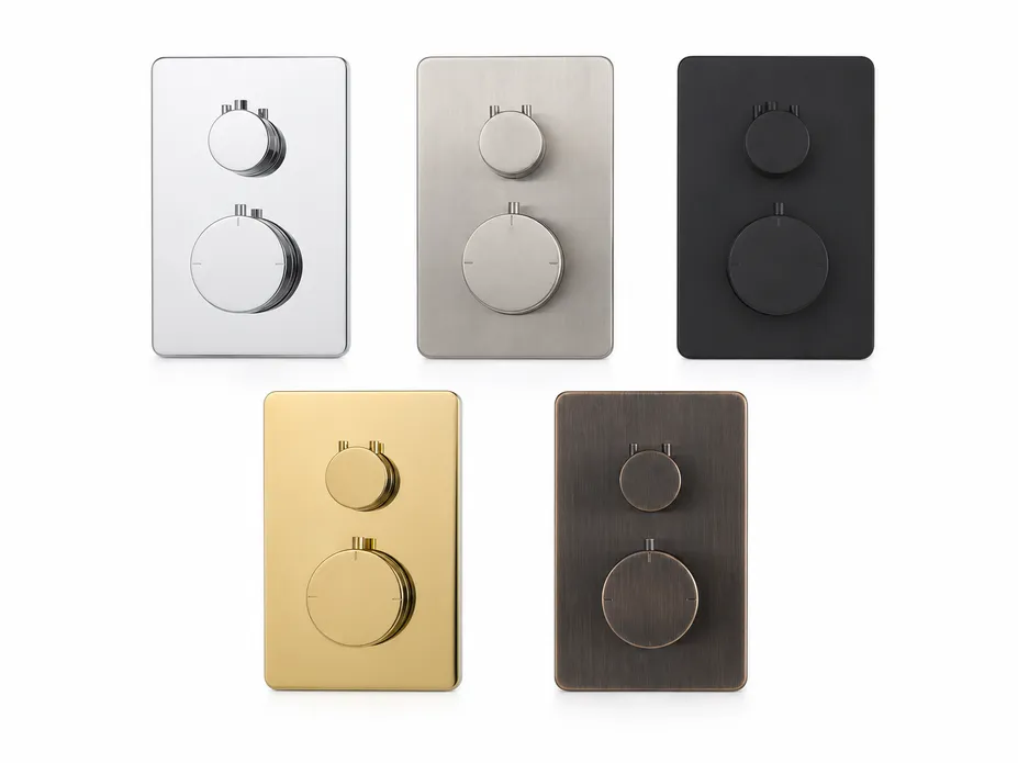Concealed thermostatic shower mixer trim plate — five available finishes including chrome, brushed nickel, matte black, PVD gold, oil-rubbed bronze