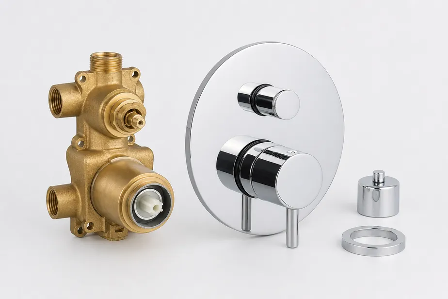 Concealed thermostatic shower mixer — brass body with trim plate, in-wall installation