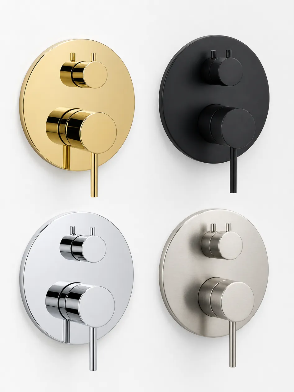 Thermostatic shower trim finish options showing PVD gold, matte black, chrome, and brushed nickel durability