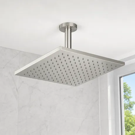 Fixed overhead shower head in brushed nickel finish