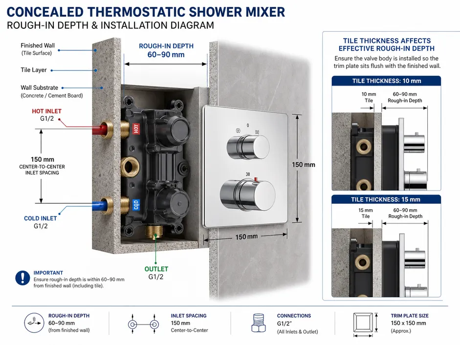 Concealed thermostatic shower mixer rough-in depth and installation diagram