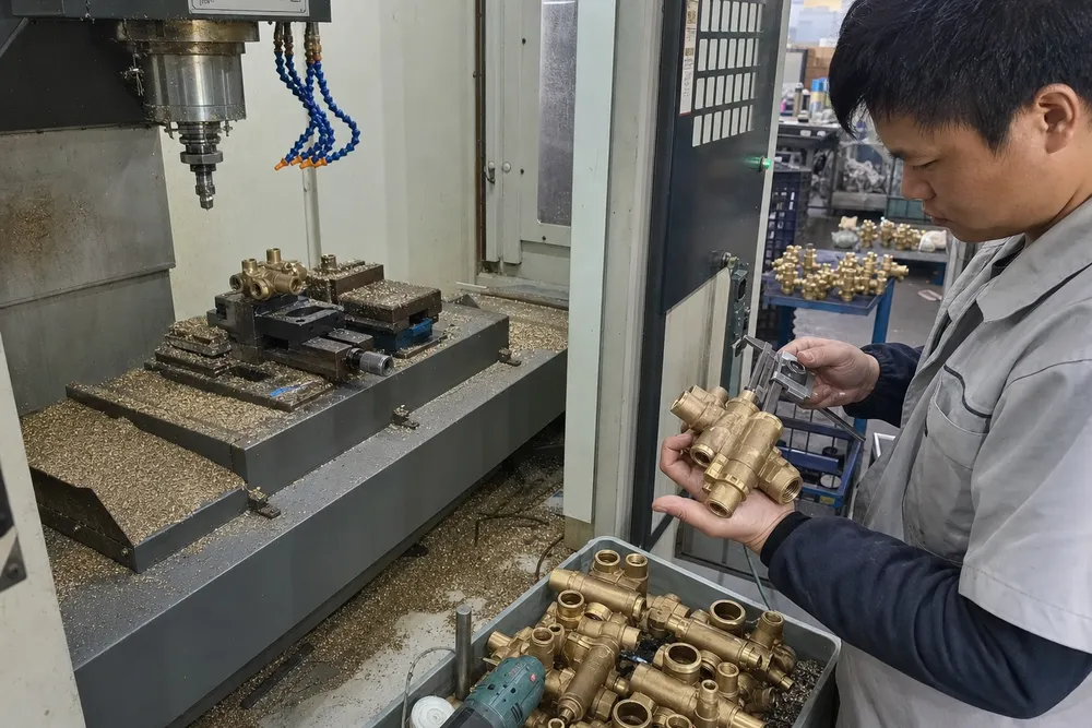 CNC machining of brass valve body for concealed shower mixer
