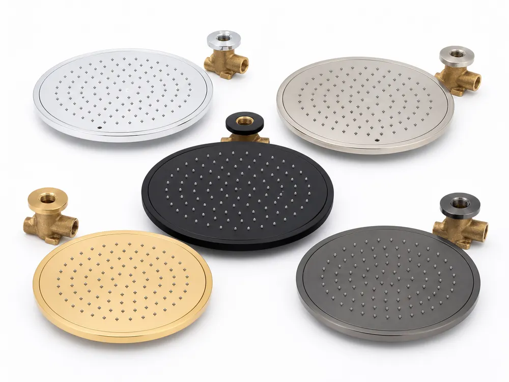 Concealed shower head — flush-mount ceiling rain head in five finishes