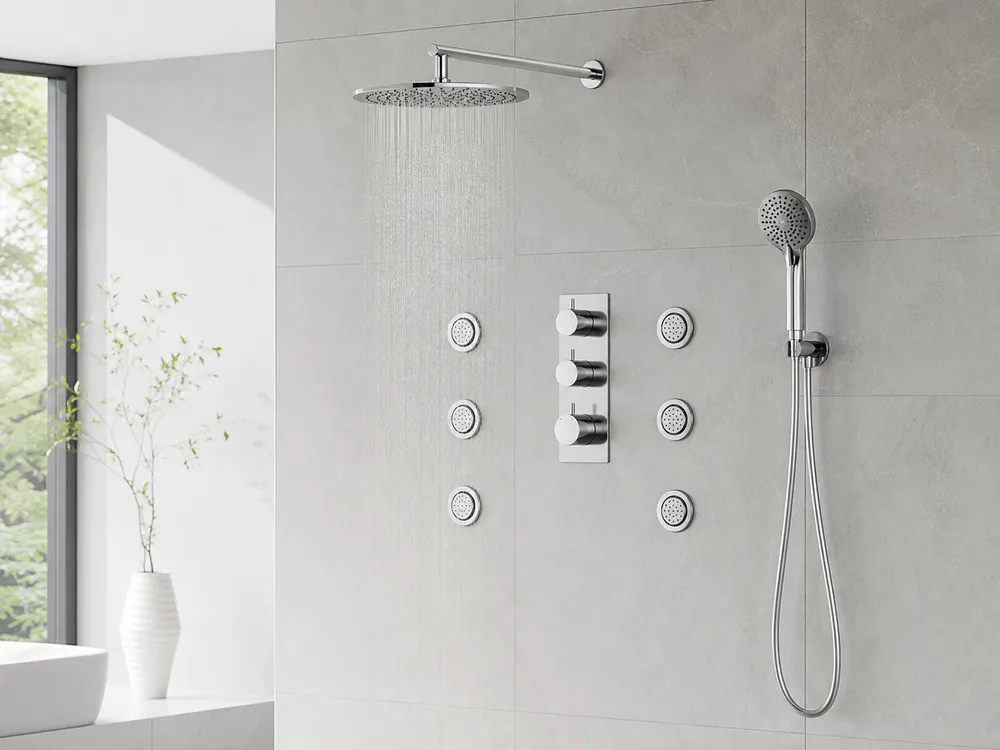 Concealed shower set with thermostatic valve, overhead head, hand shower, and body jets