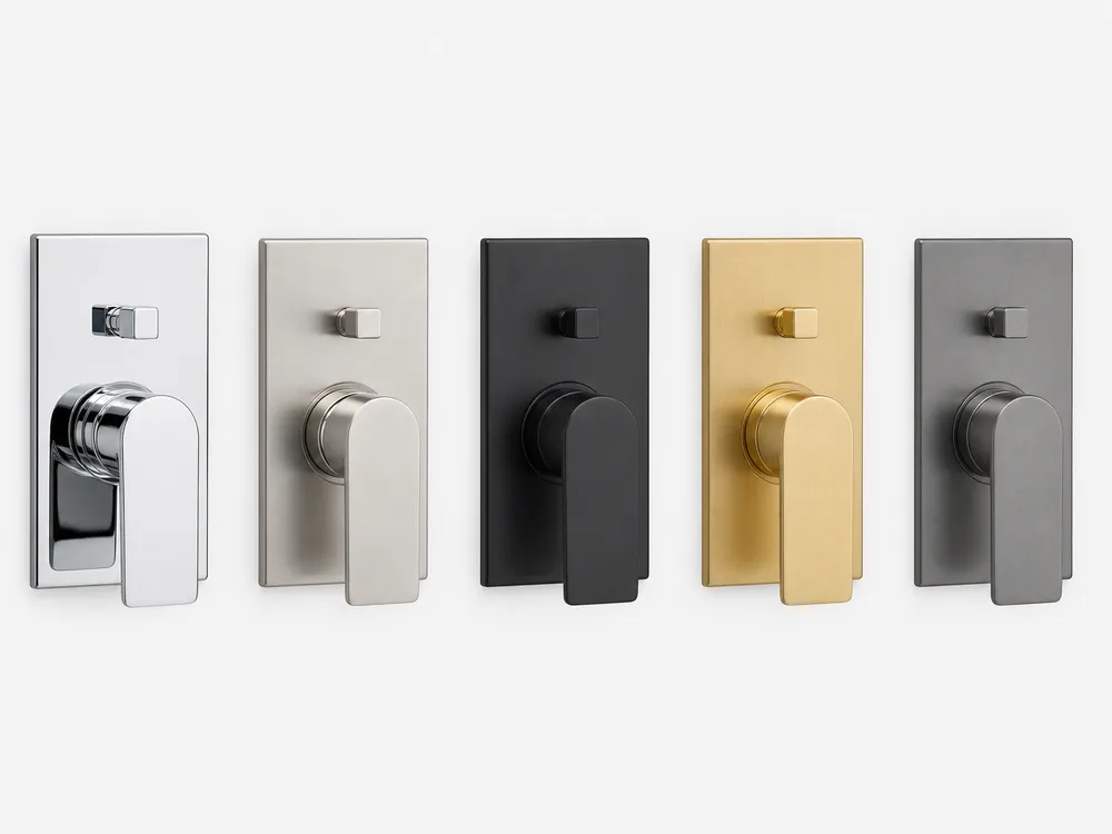 Concealed shower trim kit — plate, handle, and escutcheon in five finishes