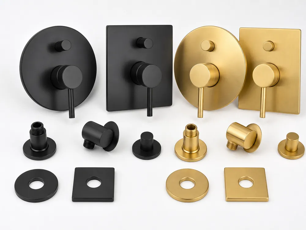 PVD finish on concealed shower trim components showing matte black and gold options