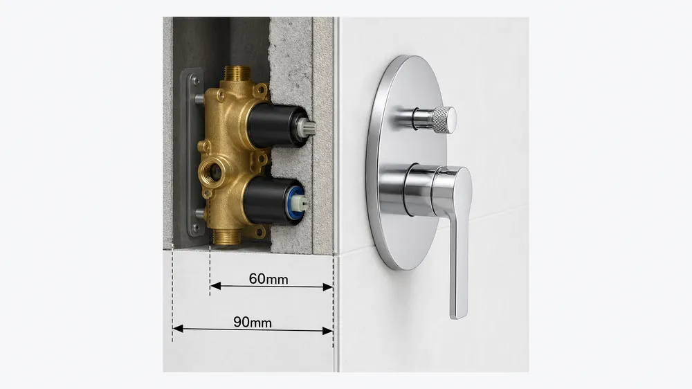 Concealed shower valve rough-in depth diagram showing 60–90mm installation range