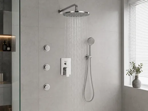 3-way concealed shower mixer for overhead, hand shower, and body jet configurations