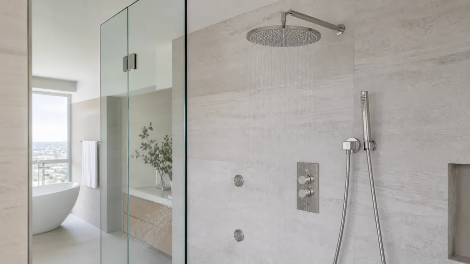 3 way concealed shower mixer installed in premium bathroom with overhead rain head, hand shower, and body jet outlets